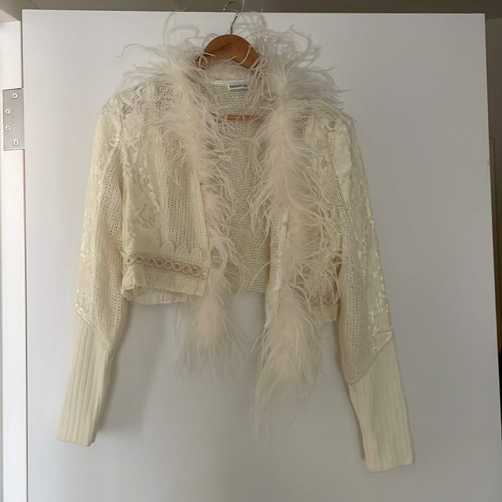 Feather trim cropped cardigan